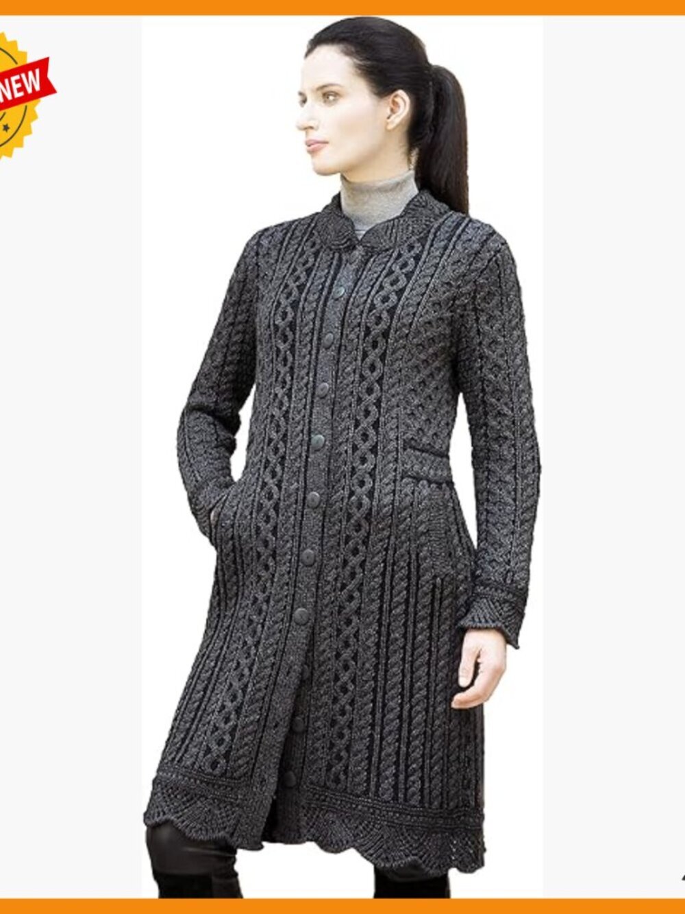 Long Button Cardigan Coat 100% Merino Wool Cable Knit Women's Sweater